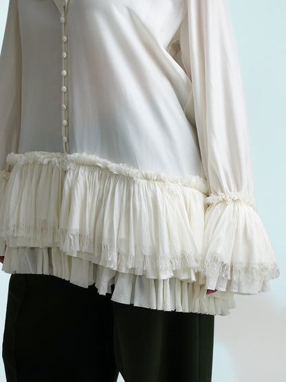 SANDWASHED VISCOSE SILK HABOTAI FRILL BLOUSE EGRET