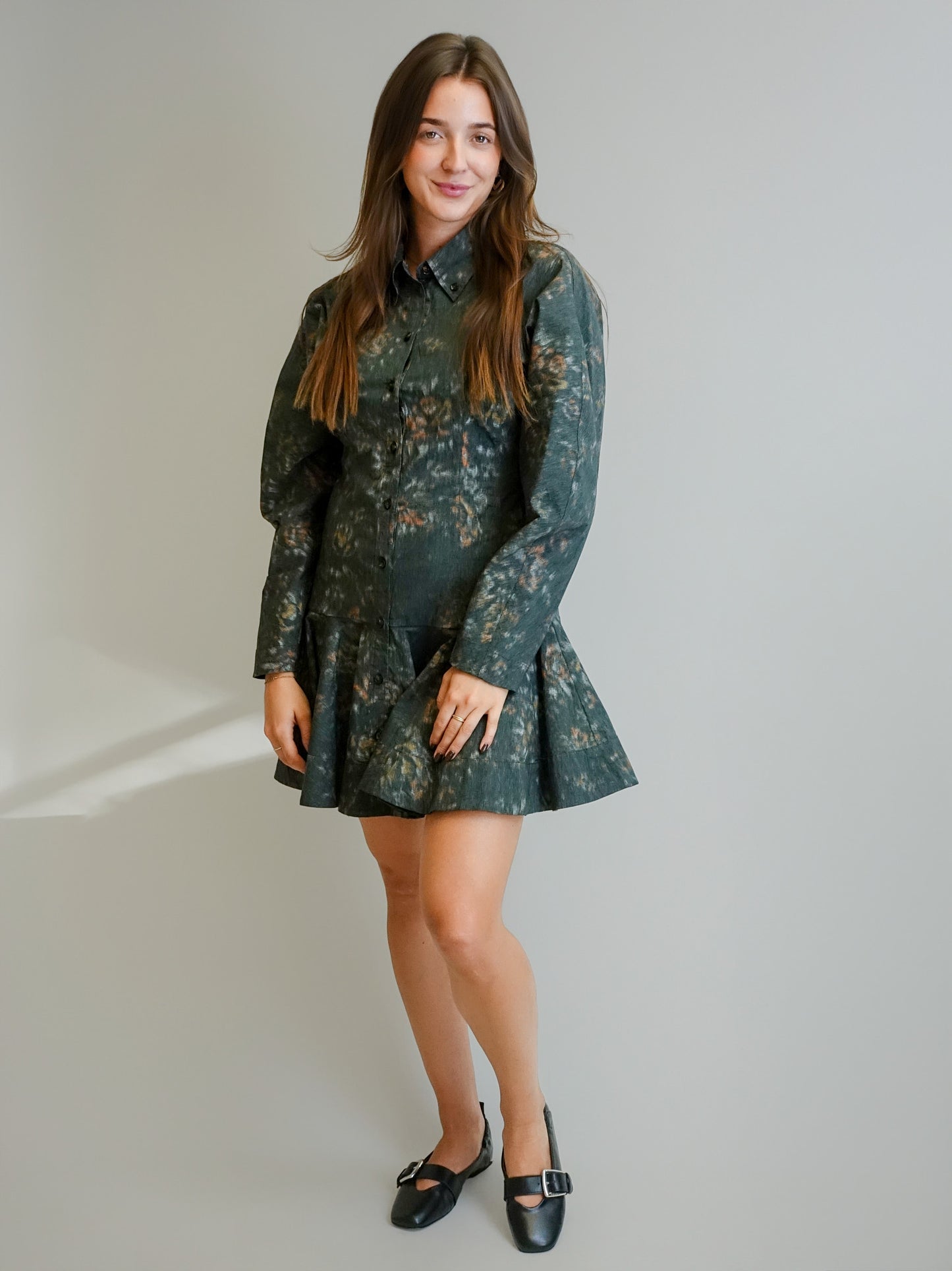 PRINTED STRETCH COTTON BUTTONED MINI DRESS PHANTOM