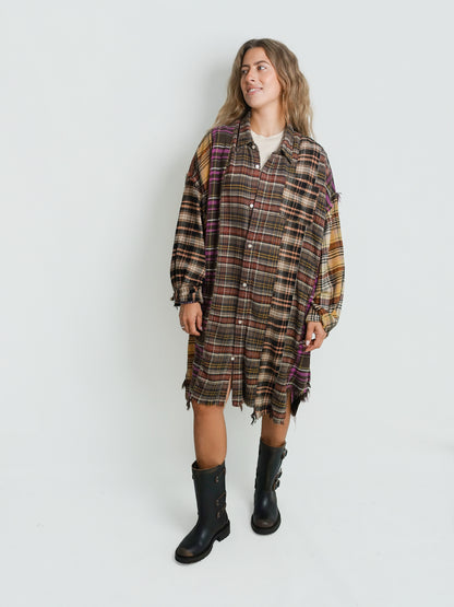 SPLICED DROP NECK SHIRTDRESS GREEN MULTI PLAID