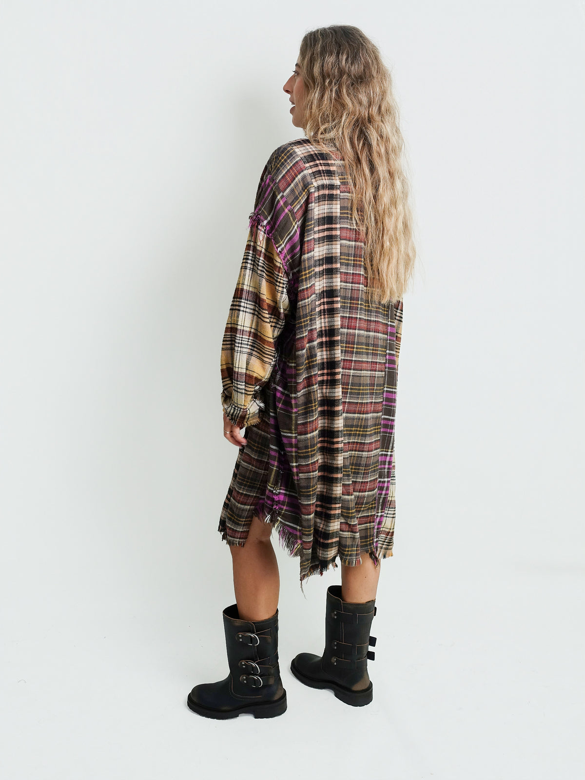 SPLICED DROP NECK SHIRTDRESS GREEN MULTI PLAID