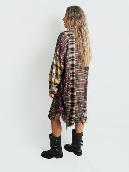 SPLICED DROP NECK SHIRTDRESS GREEN MULTI PLAID