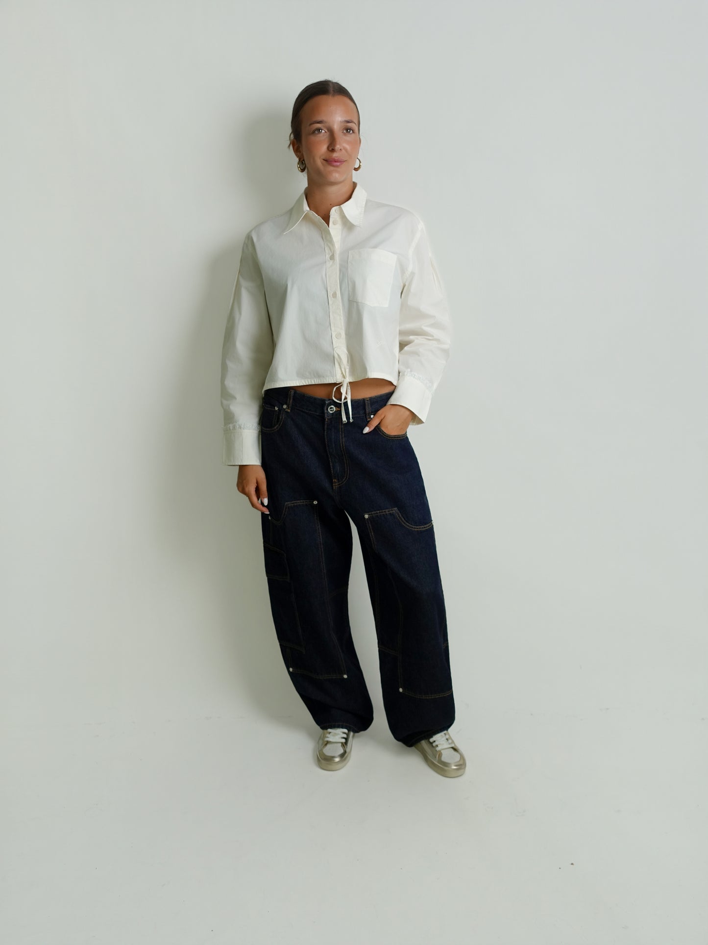 STRETCH COTTON CROPPED BOWLING SHIRT EGRET