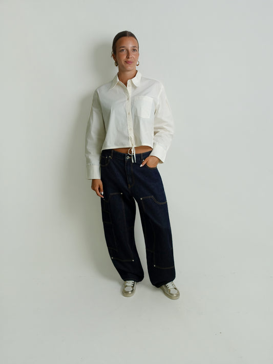 STRETCH COTTON CROPPED BOWLING SHIRT EGRET