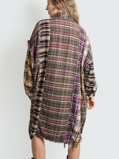 SPLICED DROP NECK SHIRTDRESS GREEN MULTI PLAID