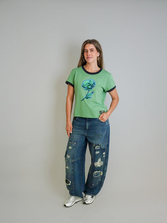 BASIC COTTON JERSEY PEONY BABY FIT T-SHIRT STONE GREEN