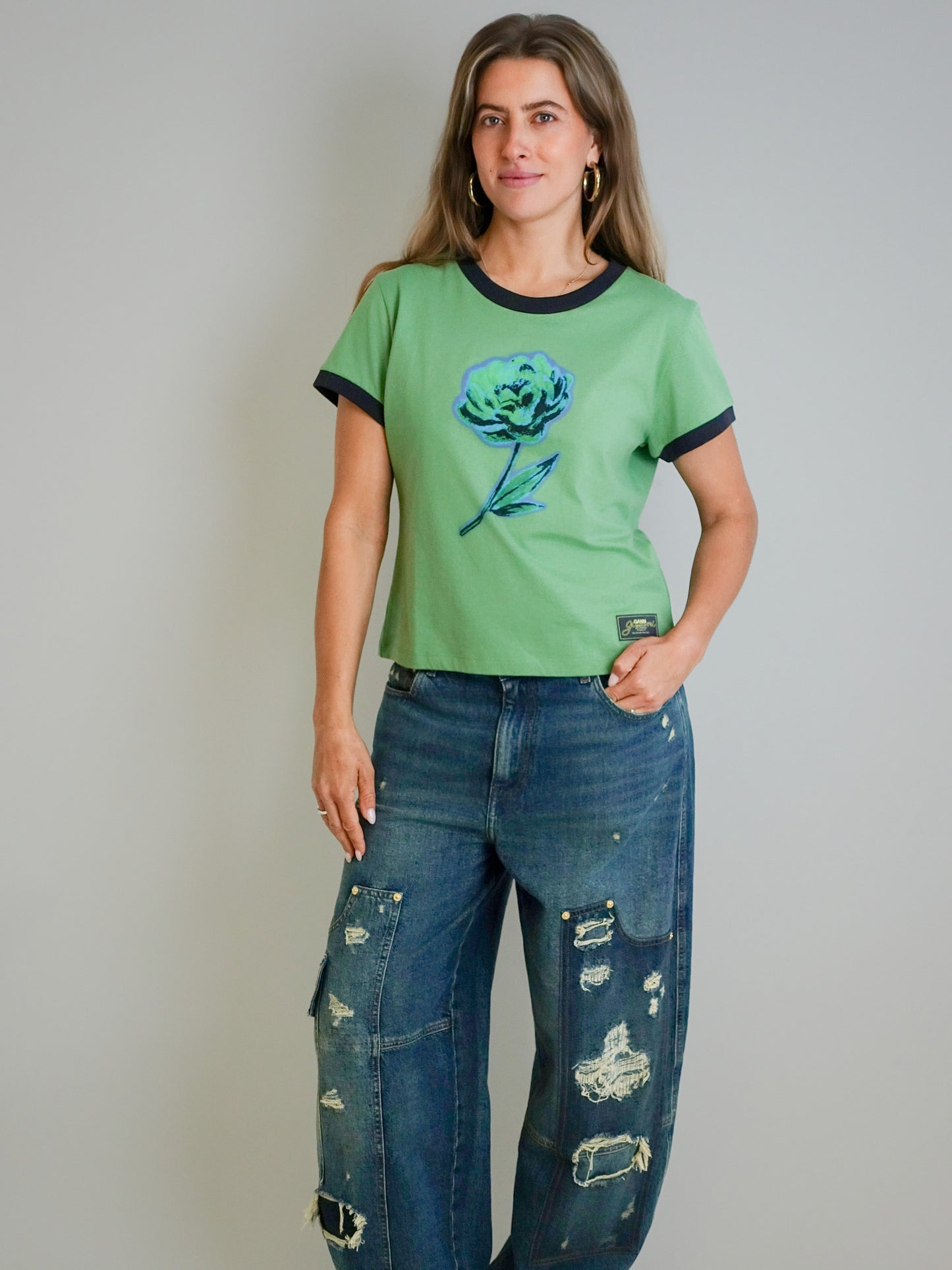 BASIC COTTON JERSEY PEONY BABY FIT T-SHIRT STONE GREEN