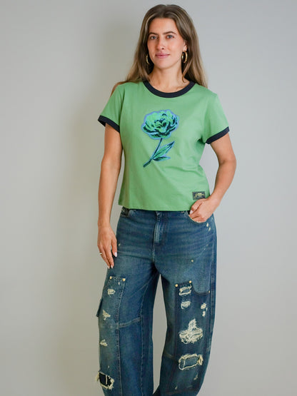 BASIC COTTON JERSEY PEONY BABY FIT T-SHIRT STONE GREEN