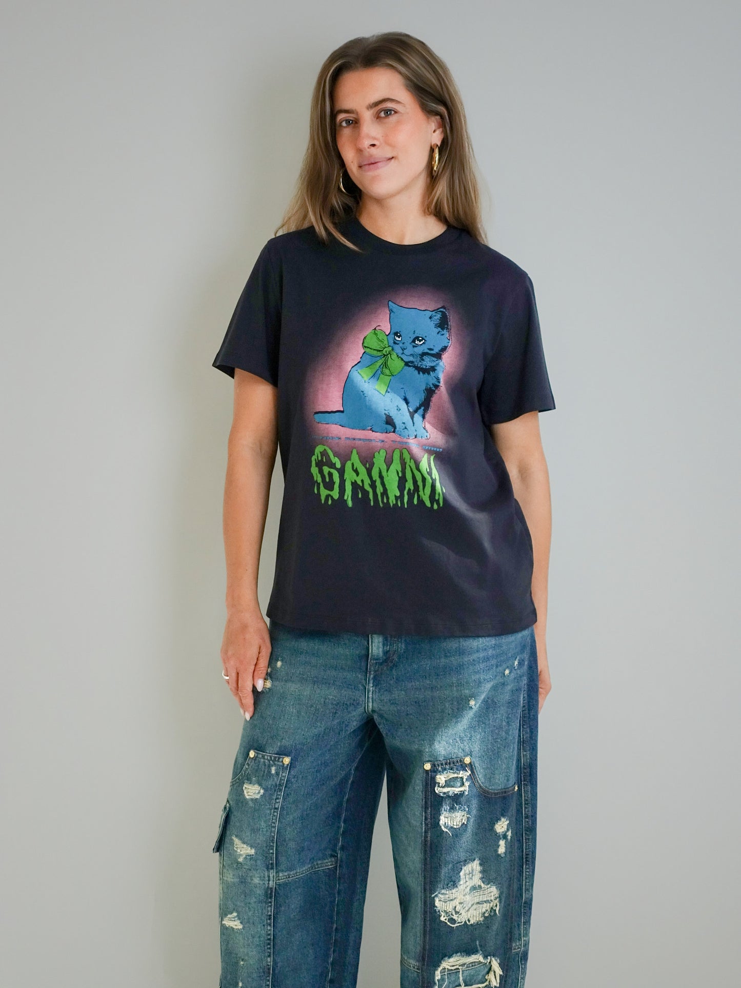 BASIC COTTON JERSEY NEON KITTY T-SHIRT PHANTOM