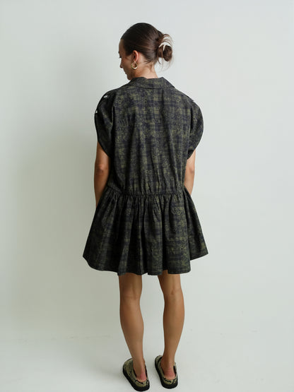 PRINTED STRETCH COTTON MINI UTILITY DRESS GOTHIC OLIVE
