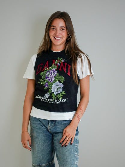 GRAPHIC WOOL MIX FLOWERS VEST PHANTOM