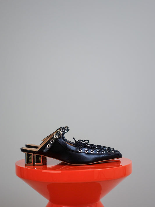 EYELETS LACE UP MULE CRINKLE OLEATEX BLACK