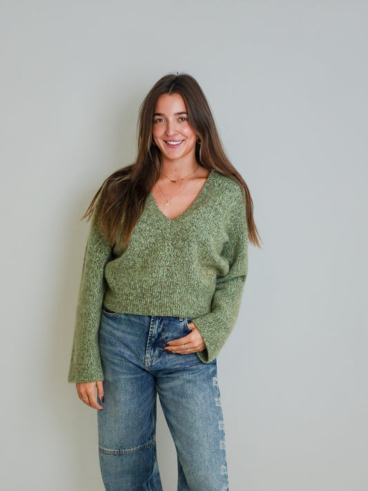 BRUSHED MOHAIR MIX DEEP V-NECK SWEATER NILE