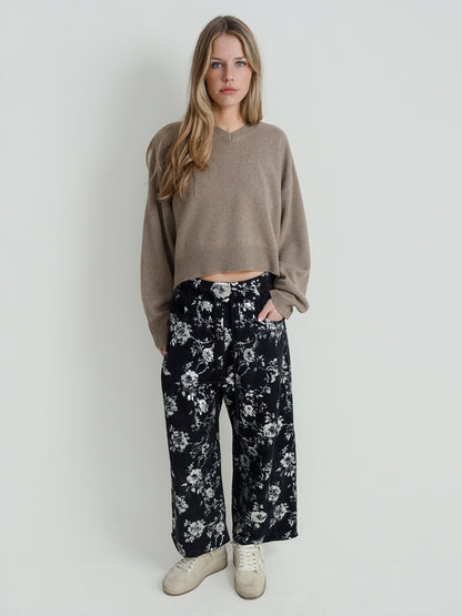 CROPPED PLEATED SWEATPANT SILVER FLORAL BLACK