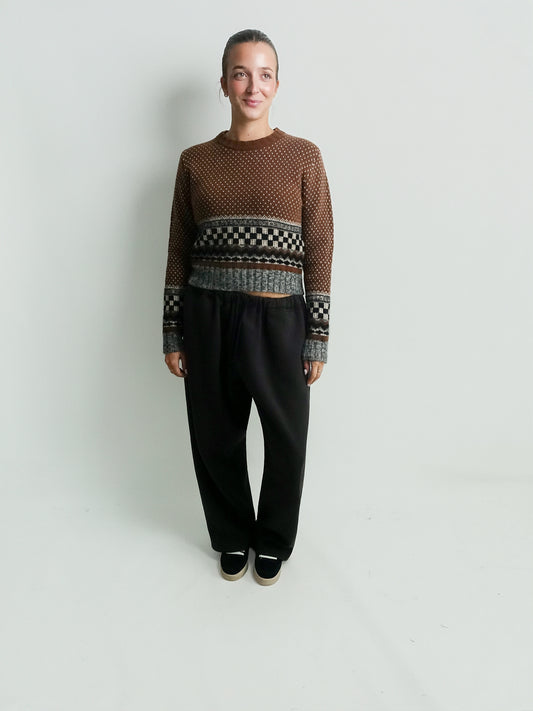 JOURNEY W'S KNIT CROPPED CREWNECK WOOL BLEND GEOMETRIC JACQUARD BROWN/BLACK/WHITE