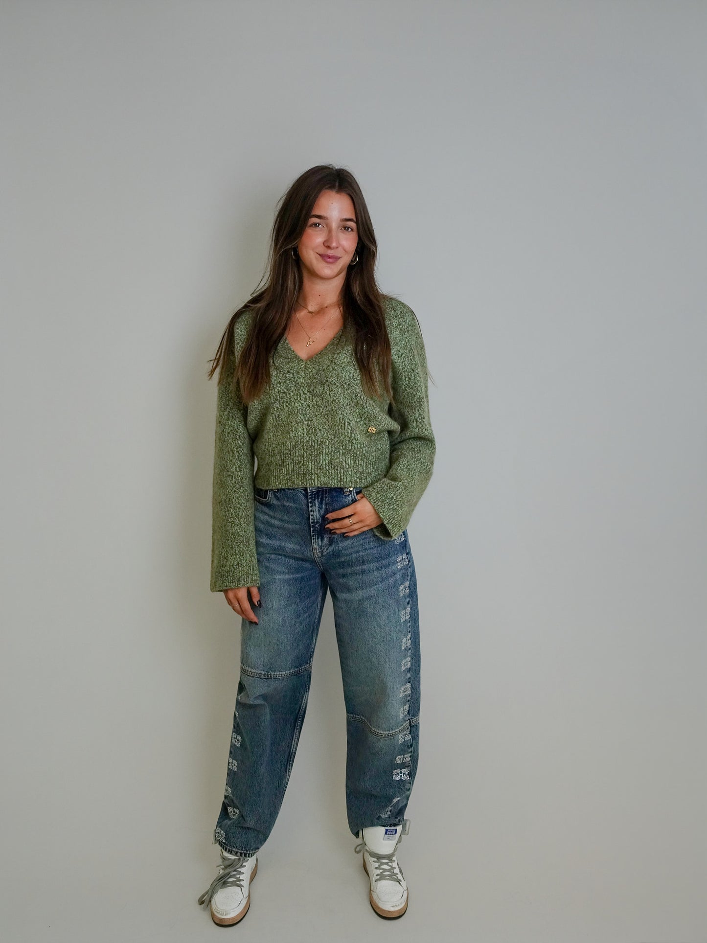 BRUSHED MOHAIR MIX DEEP V-NECK SWEATER NILE