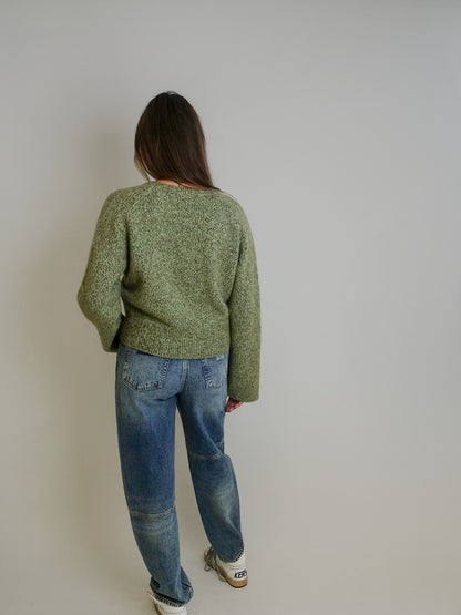 BRUSHED MOHAIR MIX DEEP V-NECK SWEATER NILE