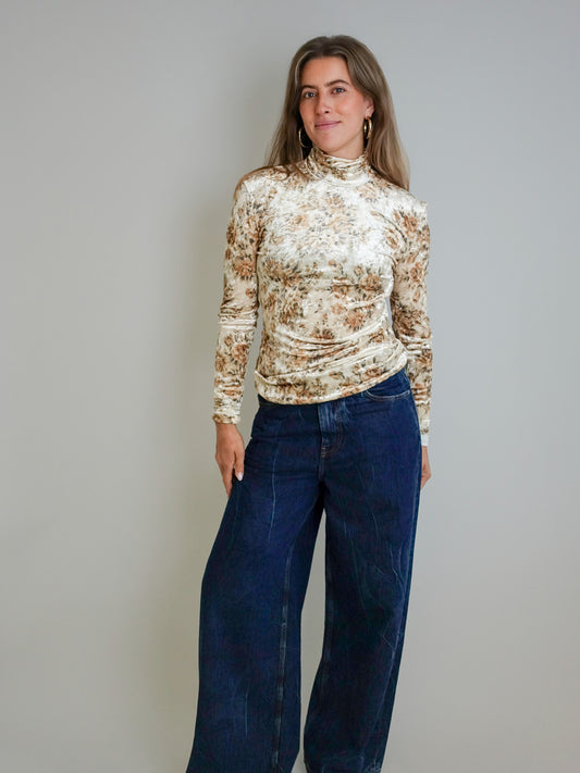 PRINTED VELOUR JERSEY TURTLENECK CLOUD CREAM