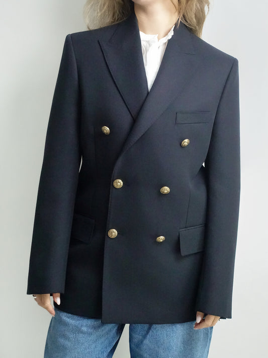 GOLDEN W'S DOUBLE BREASTED BLAZER COMPACT GABARDINE WOOL DARK BLUE