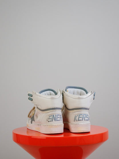 SKY STAR WITH PADDED TONGUE LEATHER UPPER AND STAR LEATHER AND NET TONGUE CRACKED SUEDE TOE WHITE/SILVER BLUE/BEIGE