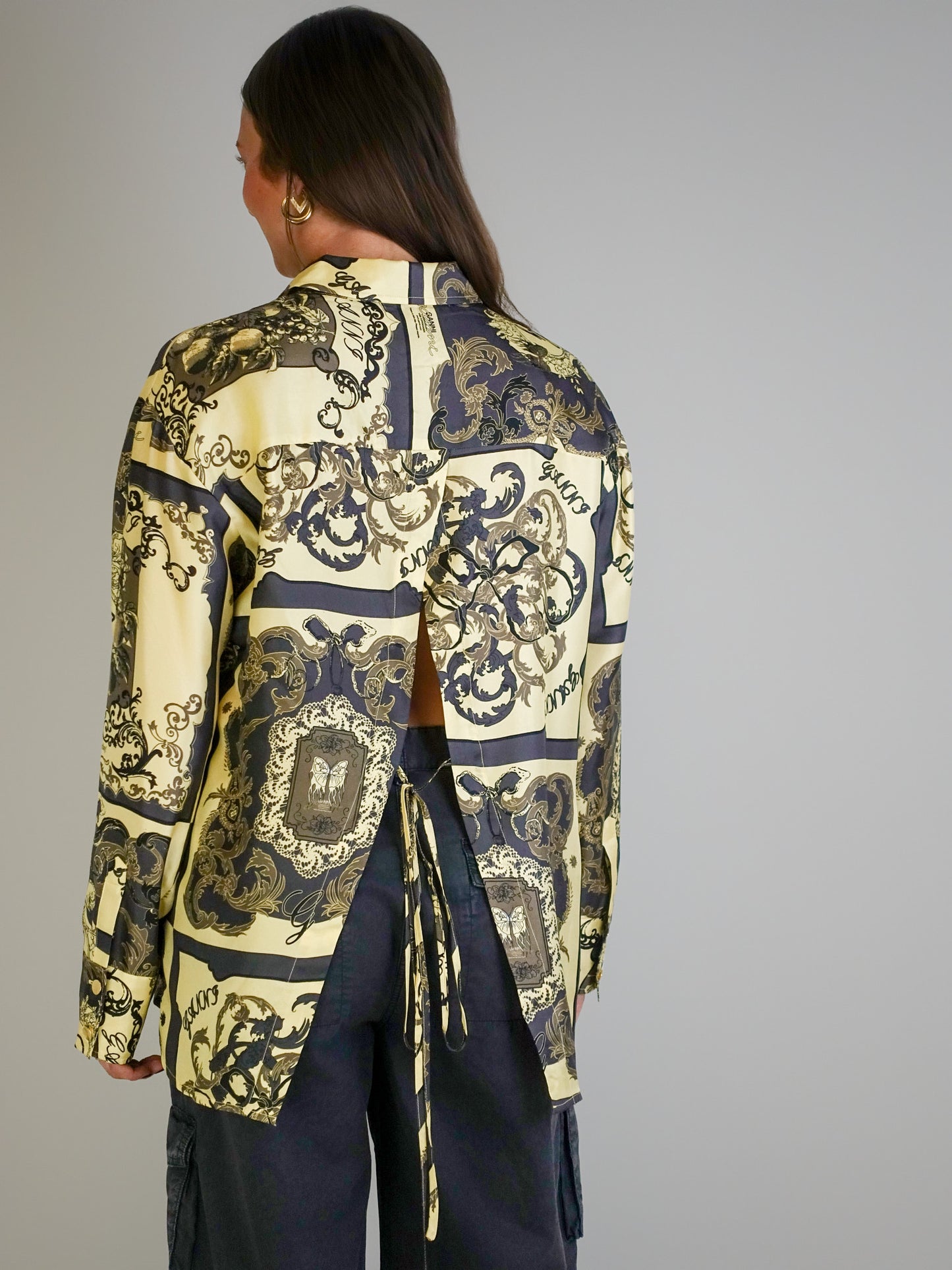 PRINTED SILK TWILL LONG SLEEVE RAGLAN SHIRT POPCORN