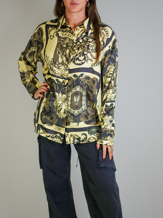 PRINTED SILK TWILL LONG SLEEVE RAGLAN SHIRT POPCORN