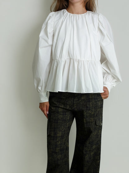 COMPACT POPLIN GATHERED PEPLUM BLOUSE BRIGHT WHITE