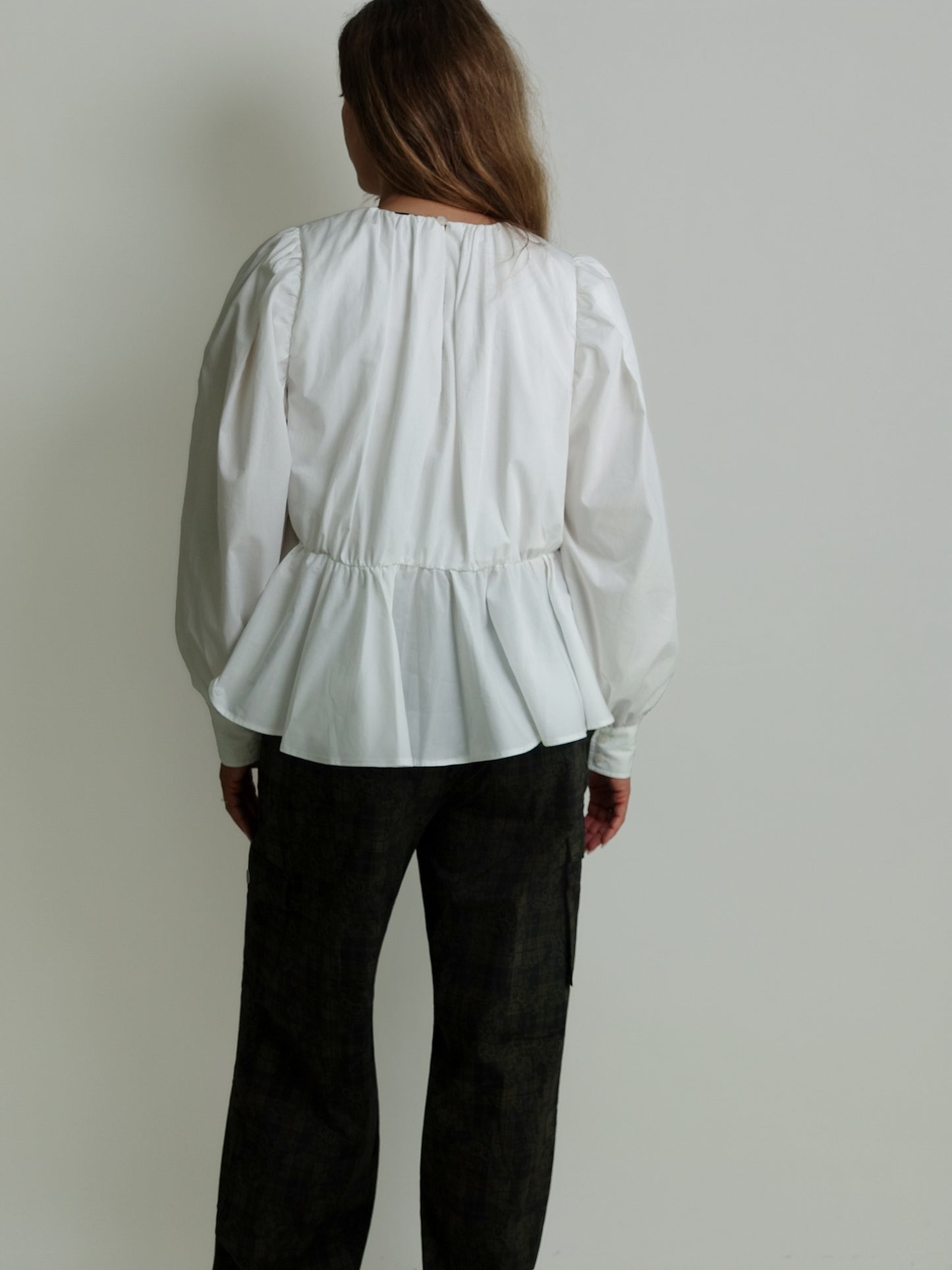 COMPACT POPLIN GATHERED PEPLUM BLOUSE BRIGHT WHITE