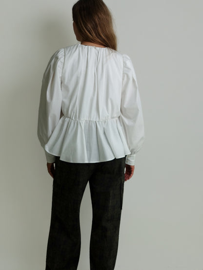 COMPACT POPLIN GATHERED PEPLUM BLOUSE BRIGHT WHITE