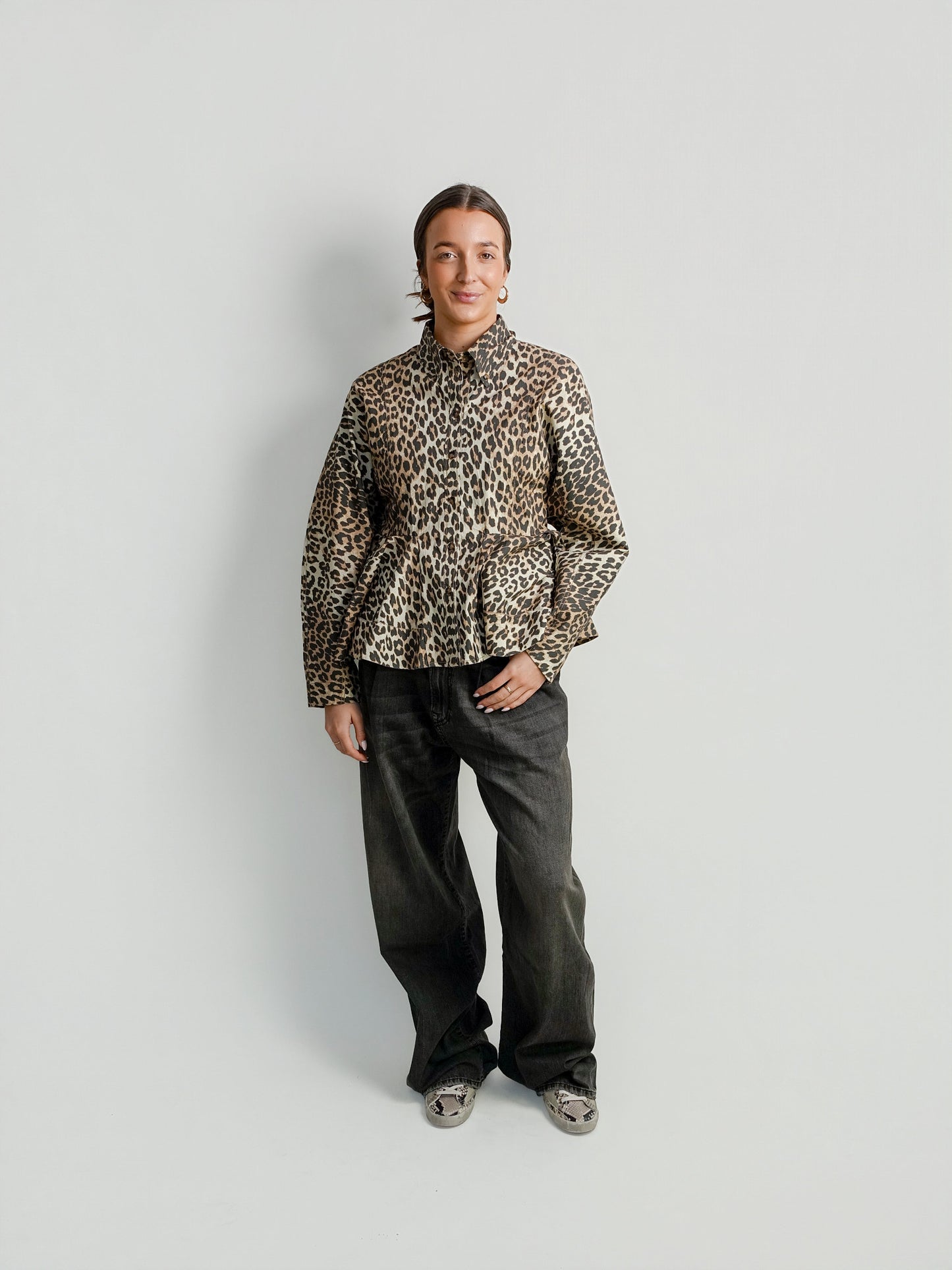 PRINTED STRETCH COTTON PEPLUM SHIRT ALMOND MILK