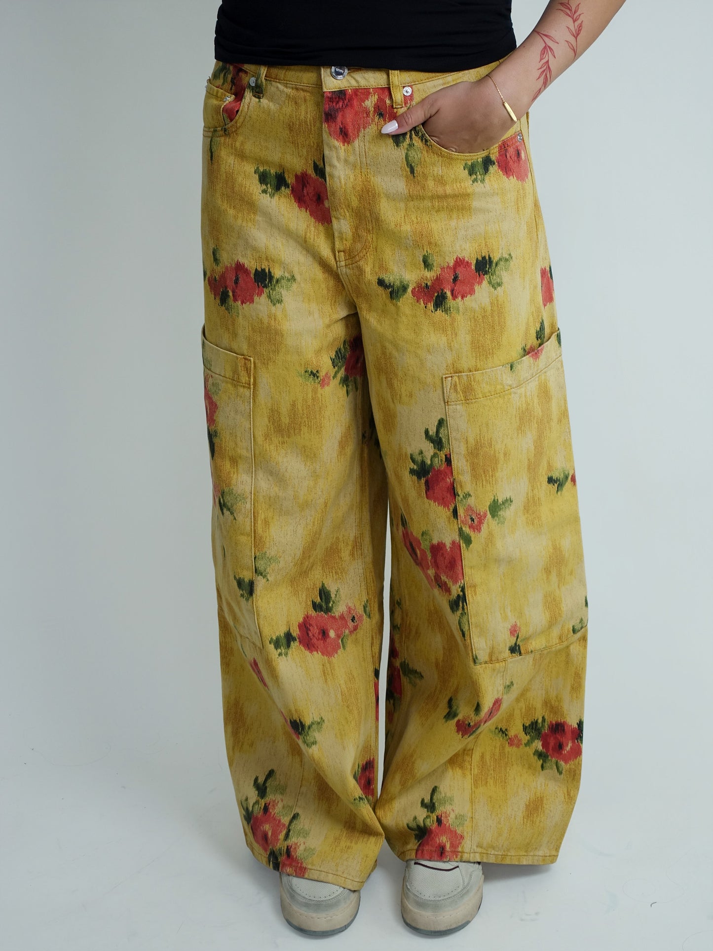 PRINT DENIM BAGGY CARGO JEANS VIBRANT YELLOW