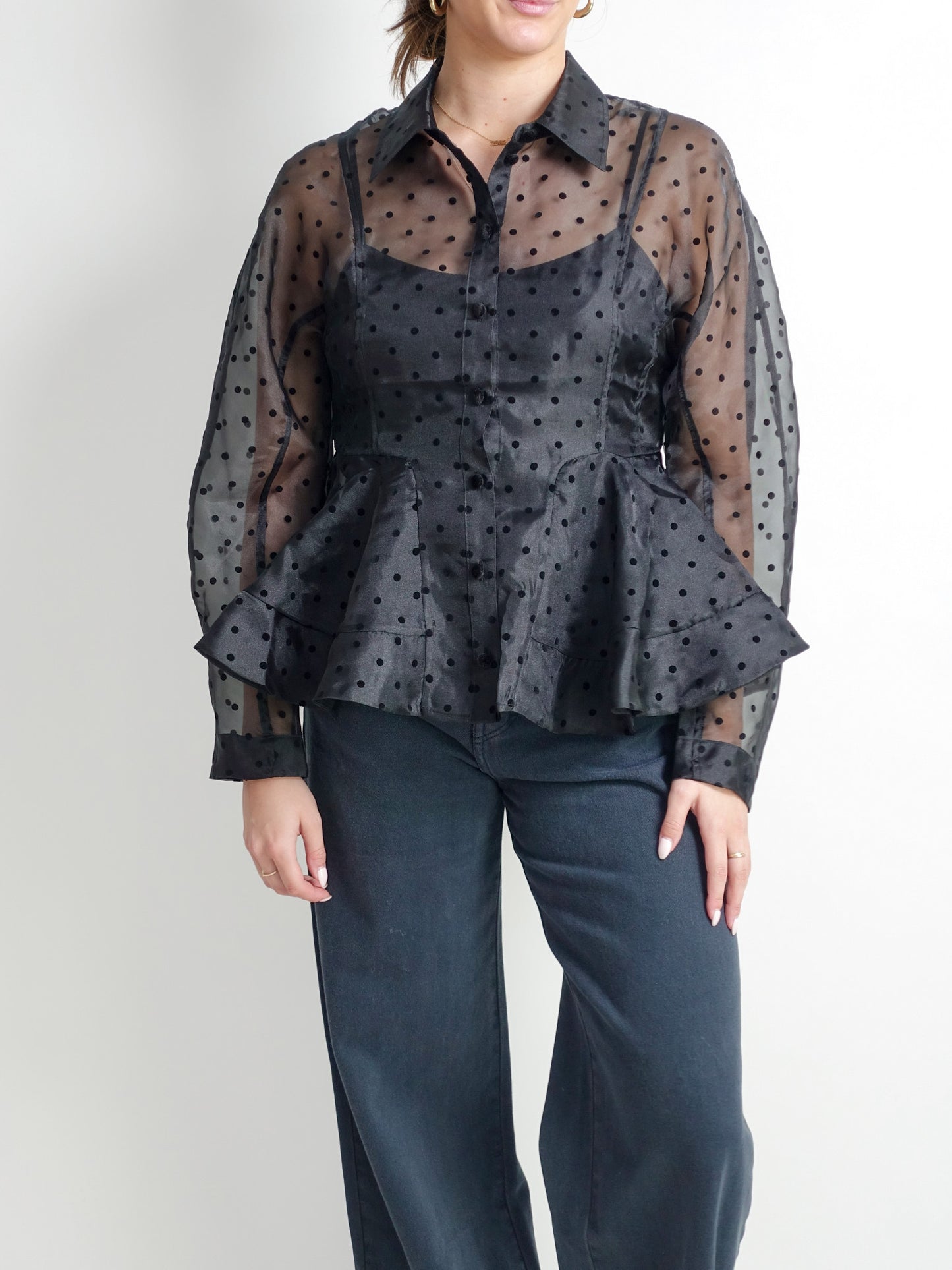 FLOCKED ORGANZA PEPLUM SHIRT BLACK
