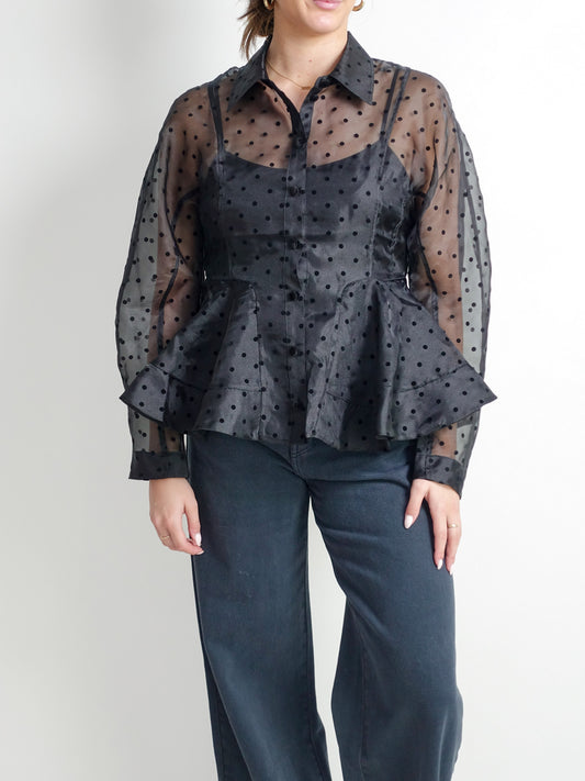 FLOCKED ORGANZA PEPLUM SHIRT BLACK
