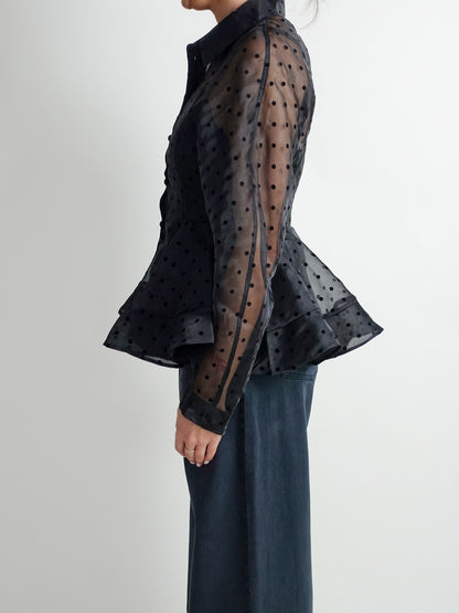 FLOCKED ORGANZA PEPLUM SHIRT BLACK