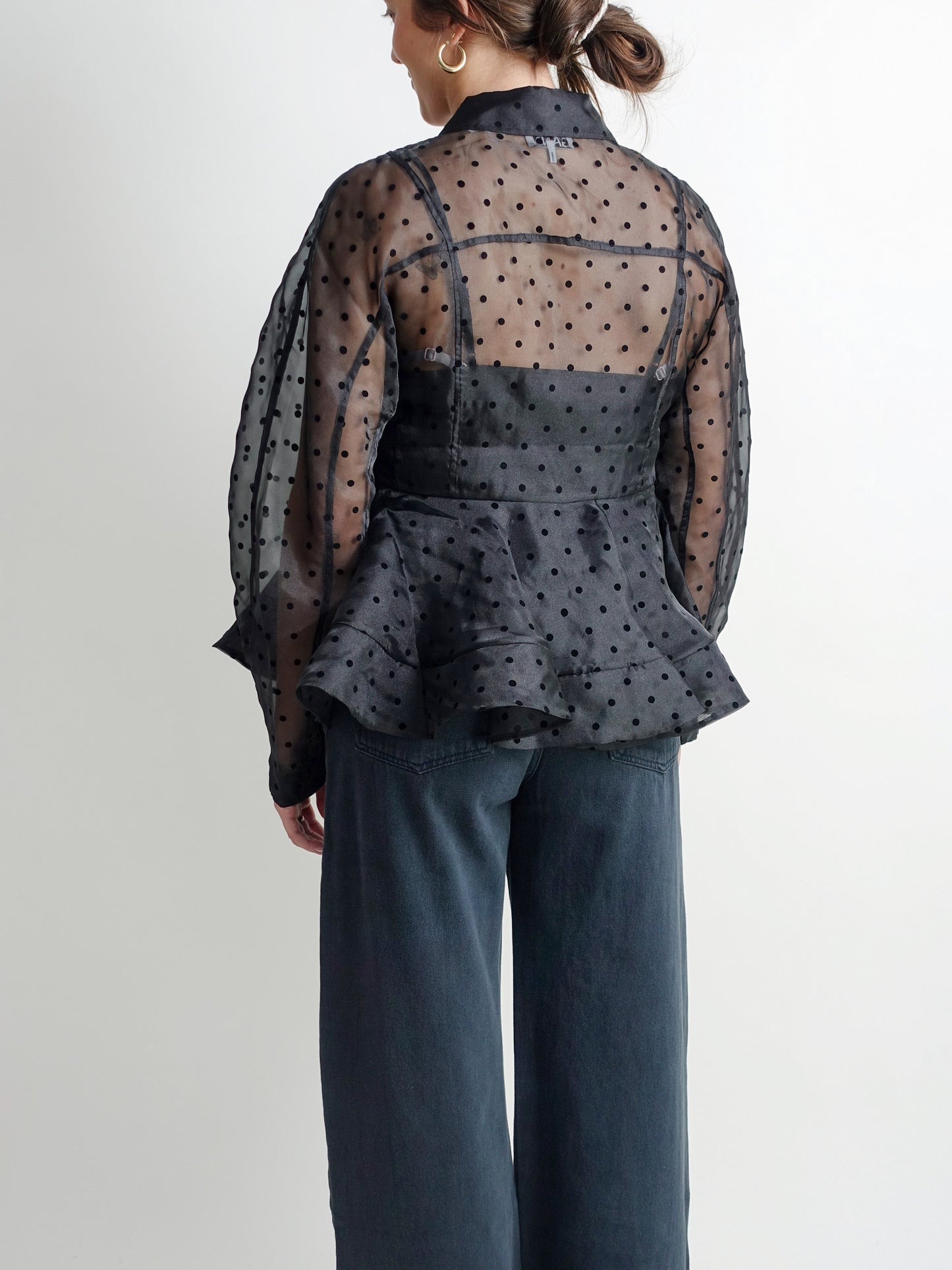 FLOCKED ORGANZA PEPLUM SHIRT BLACK