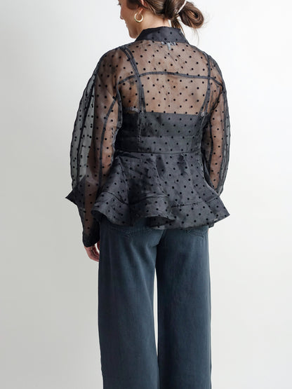 FLOCKED ORGANZA PEPLUM SHIRT BLACK