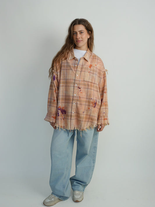 SHREDDED SEAM DROP NECK SHIRT ORANGE PURPLE PLAID