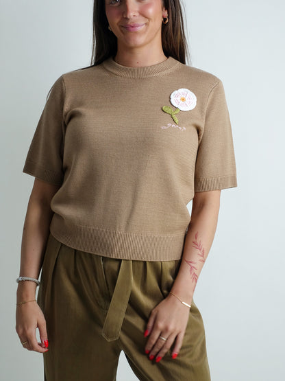 CROCHET APPLIQUE MERINO TEE TOBACCO BROWN