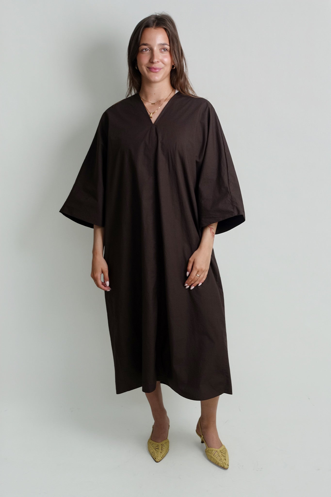 V-NECK COTTON KAFTAN DARK CHOCOLATE