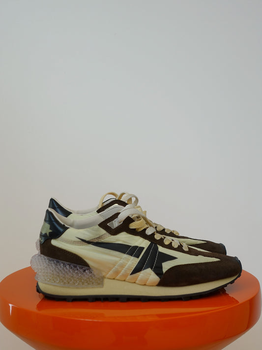 RUNNING MARATHON NYLON UPPER SUEDE TOE AND SPUR LEATHER HEEL LIME YELLOW/BROWN/BLACK