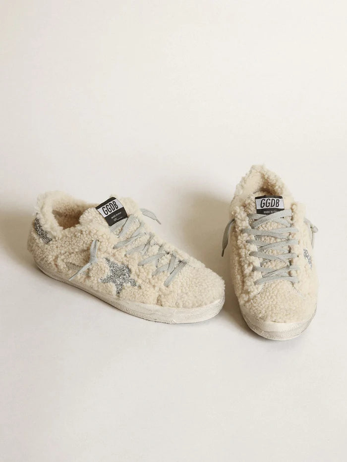 SUPER-STAR SHEARLING UPPER GLITTER STAR AND HEEL BEIGE/SILVER