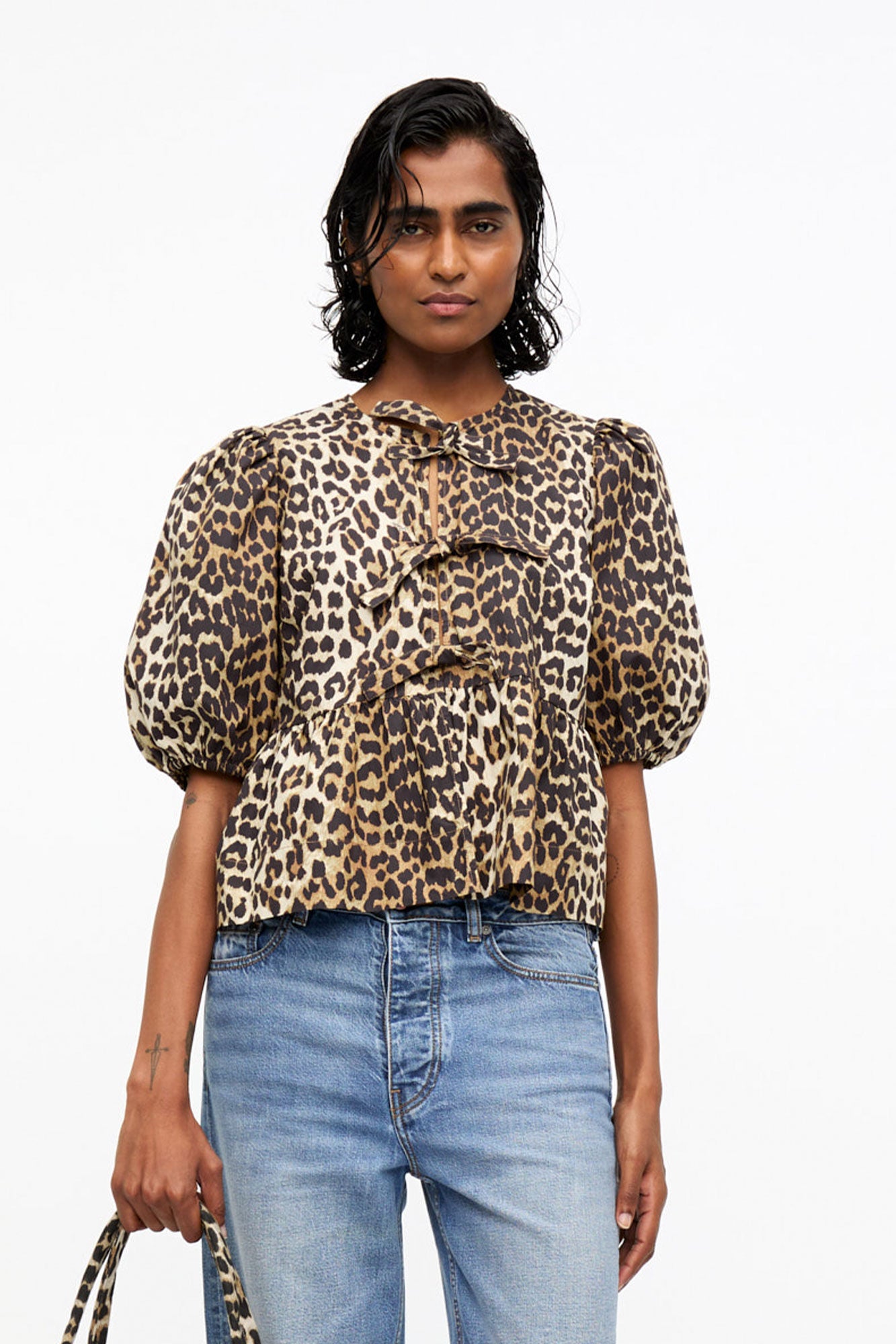 PRINTED COTTON POPLIN PEPLUM BLOUSE LEOPARD