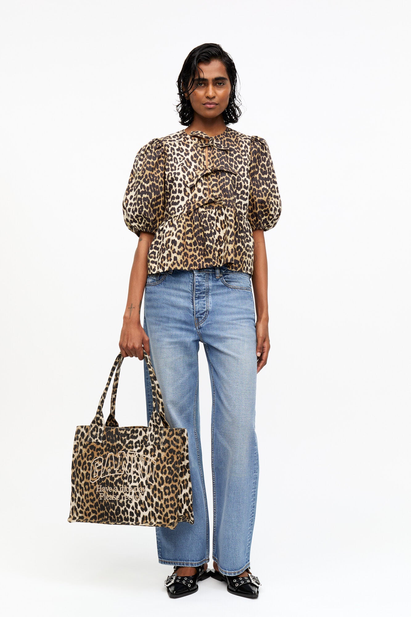 PRINTED COTTON POPLIN PEPLUM BLOUSE LEOPARD