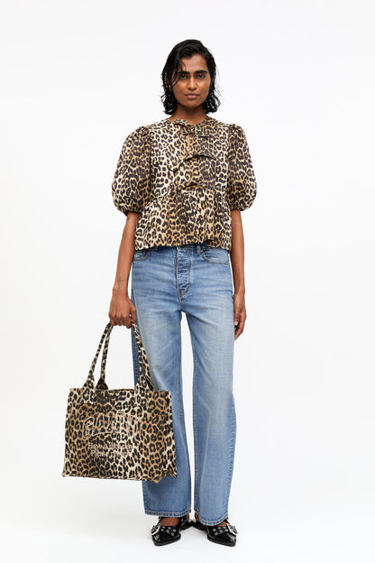 PRINTED COTTON POPLIN PEPLUM BLOUSE LEOPARD