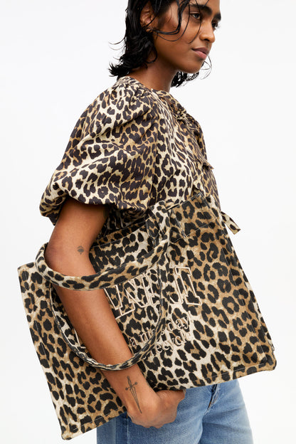 PRINTED COTTON POPLIN PEPLUM BLOUSE LEOPARD
