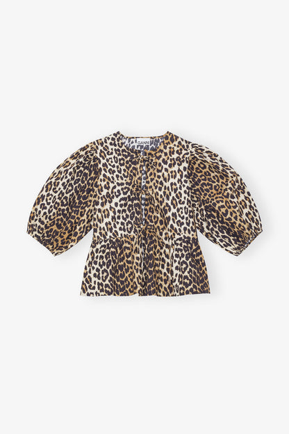 PRINTED COTTON POPLIN PEPLUM BLOUSE LEOPARD