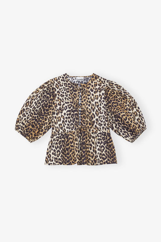 PRINTED COTTON POPLIN PEPLUM BLOUSE LEOPARD