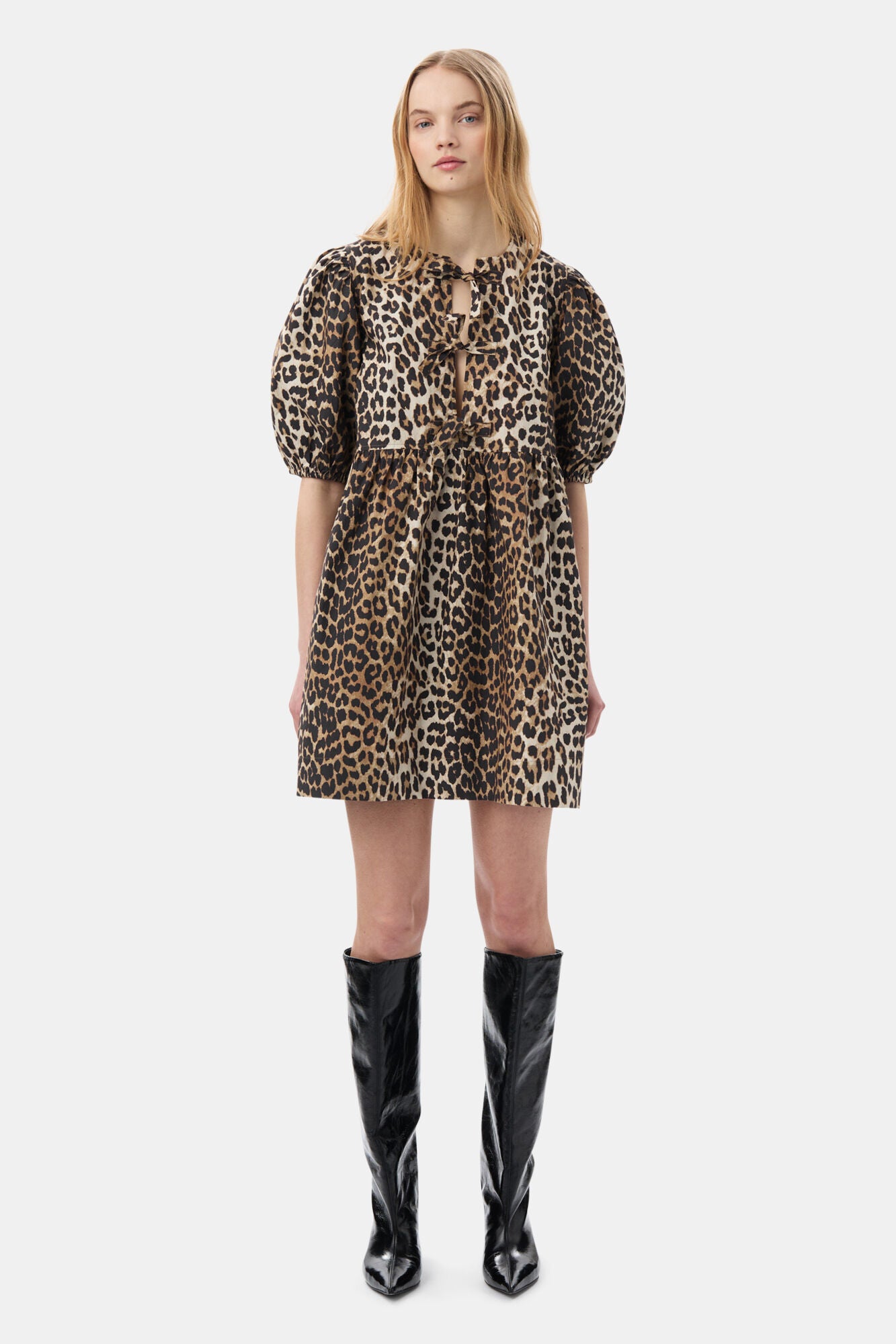 PRINTED COTTON TIE STRING MINI DRESS LEOPARD