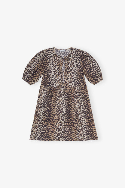 PRINTED COTTON TIE STRING MINI DRESS LEOPARD