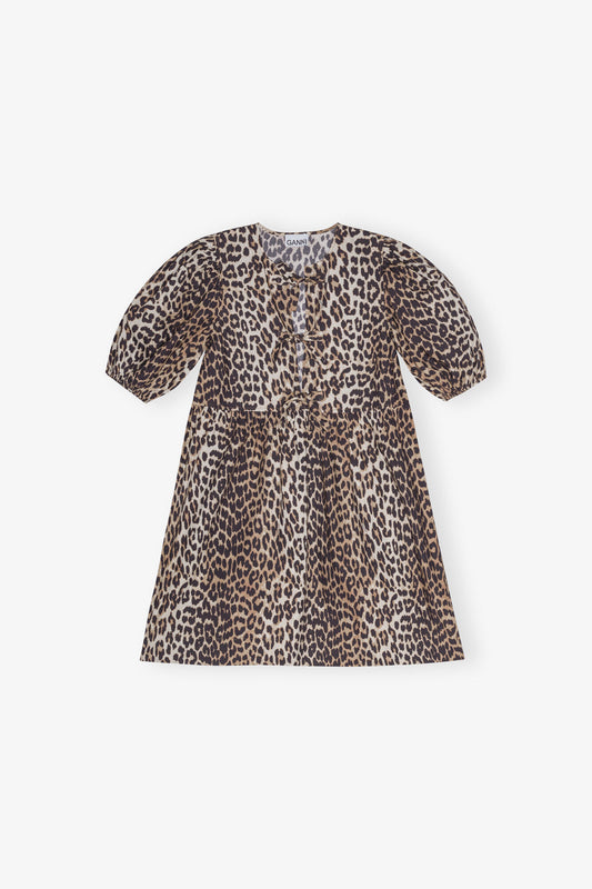 PRINTED COTTON TIE STRING MINI DRESS LEOPARD