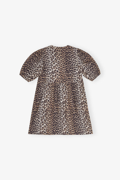 PRINTED COTTON TIE STRING MINI DRESS LEOPARD